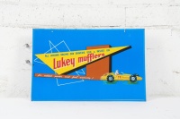 LUKEY: A rare original c1950s Lukey Mufflers double sided tin advertising sign, 28cm high, 43cm wide