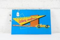 LUKEY: A rare original c1950s Lukey Mufflers double sided tin advertising sign, 28cm high, 43cm wide - 2