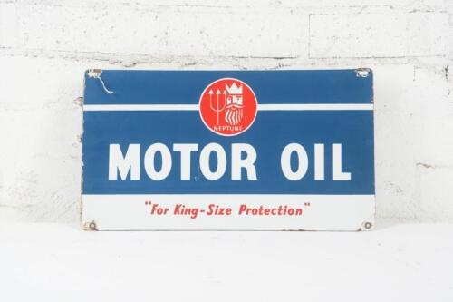 NEPTUNE: An original scarce Neptune Motor Oil 'For King-Size Protection' enamel ten bottle oil rack sign, 27cm high, 48.5cm wide