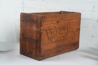 VACUUM OIL: An early Vacuum Oil Company 'Plume Benzine' hardwood crate, 37cm high, 53cm wide