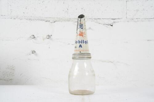 MOBIL: An original one imperial pint glass oil bottle with Mobiloil 'A' 30 weight tin top pourer