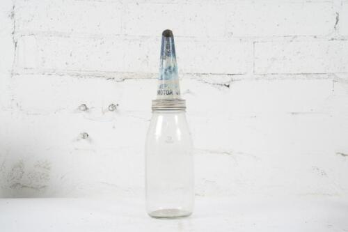 NEPTUNE: An original glass one quart oil bottle with Neptune '20W' motor oil tin top pourer