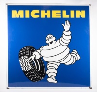 A large circa 1970s large French made Michelin &lsquo;running Bibendum&rsquo; enamel sign with folded edges, 95cm square