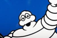 A large circa 1970s large French made Michelin &lsquo;running Bibendum&rsquo; enamel sign with folded edges, 95cm square - 5