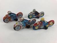 MIXED: Four small 7.5 cm friction bikes, 2 x Police, civilian & racing RN77, all made in Japan.