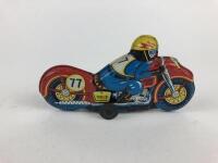 MIXED: Four small 7.5 cm friction bikes, 2 x Police, civilian & racing RN77, all made in Japan. - 4