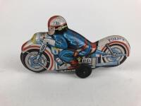 MIXED: Four small 7.5 cm friction bikes, 2 x Police, civilian & racing RN77, all made in Japan. - 8