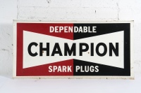 CHAMPION: A original 1971 dated Champion 'Dependable Spark Plugs' double sided metal screen print sign, 45cm high, 91cm wide