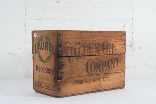 VACUUM OIL: An early Vacuum Oil Company 'Laurel Kerosene' hardwood crate, 37cm high, 53cm wide