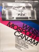PORSCHE WINS MOSPORT CAN AM POSTER: An original post race celebration poster, this is a circa 1973 official Porsche released poster, featuring the number #23 Charlie Kemp winning Porsche 917/10 race car that won at Mosport
