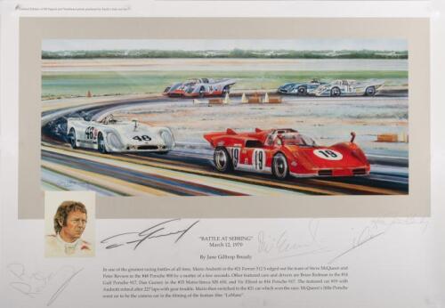 SEBRING: A limited edition (95/500) print titled 'Battle at Sebring' March 12 1970 by Jane Giltrap Bready, signed by Mario Andretti, Brian Redman, Dan Gurney and Vic Elford, measures approx 35cm high, 50cm wide