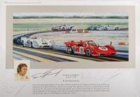 SEBRING: A limited edition (95/500) print titled 'Battle at Sebring' March 12 1970 by Jane Giltrap Bready, signed by&nbsp;Mario Andretti, Brian Redman, Dan Gurney and Vic Elford, measures approx 35cm high, 50cm wide