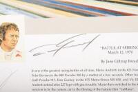 SEBRING: A limited edition (95/500) print titled 'Battle at Sebring' March 12 1970 by Jane Giltrap Bready, signed by&nbsp;Mario Andretti, Brian Redman, Dan Gurney and Vic Elford, measures approx 35cm high, 50cm wide - 3