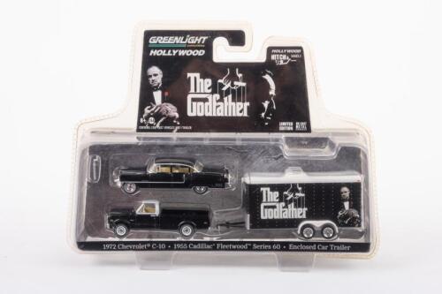 GODFATHER: A 1:64 scale Greenlight Hitch & Tow 'The Godfather' set comprising of 1972 Chevrolet C10, 1955 Cadillac Fleetwood Series 60, along with an enclosed car trailer