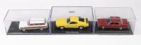 MODELS: Three 1:43 scale models including two by Trax a Falcon Squire wagon, a Leyland P76 and a 70 Ford Mustang by Welly, each in acrylic/plastic cases