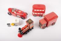 TINS: A group of five various tins/money boxes includes two Arnott's biscuit tins in shape of vehicles