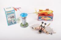 TOYS: Three modern reproduced toys including two by Schylling, Rocket Racer and Aerodrome Control Tower, along with wooden flying puppet