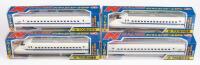 JAPANESE TRAINS: Four small Japanese made N Gauge train models, includes two locomotives and two passenger carriage cars, all 15cm long, in original boxes