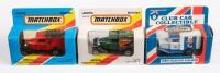 MATCHBOX: Three Matchbox small scale Ford Model 'A' vans in different liveries in boxes