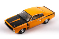 VALIANT: A Trax 1:24 scale 1971 VH Chrysler Valiant Charger in orange, black bonnet, tan interior, opening features, engine detail, chrome wheels
