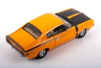 VALIANT: A Trax 1:24 scale 1971 VH Chrysler Valiant Charger in orange, black bonnet, tan interior, opening features, engine detail, chrome wheels - 2