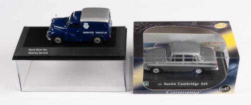 AUSTIN/MORRIS: Two 1:43 scale models including a Cararama Austin Cambridge A60 in silver and a Morris Minor Van NRMA service vehicle