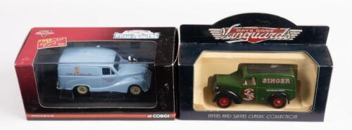 MORRIS: Two 1:43 scale Morris models, including a Corgi Austin A40 Van in Cow & Gate livery with a Vanguards Days Gone 1950 Morris Z Van in Singer Sewing Machine livery