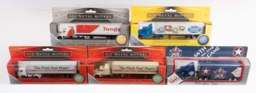 TRUCKS: A collection of five approximately 1:64 scale Trucks including Woolworths, Dick Smith, Texas Rangers, and Tandy