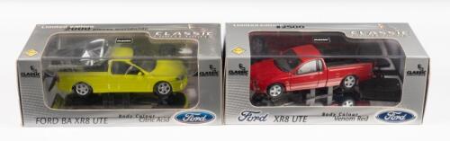 XR8 UTES: Two 1:43 scale Classic Carlectables Ford Falcon XR8 utes including BA ute in Citric Acid, AU ute in Venom Red, boxed with COAs
