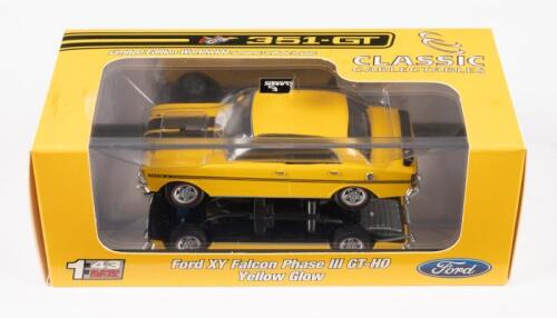 XY GTHO: A 1:43 scale Classic Carlectables Ford XY Falcon Phase III GT-HO in yellow glow, boxed with COA numbered 0472/1800