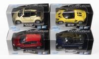WELLY: Four Welly pull back diecast models including VW Golf, VW Beetle, Mini Cooper, and Lotus Elise, boxed