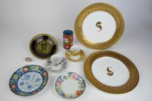 PORCELAIN: A collection of porcelain and a Chinese enamel brush pot