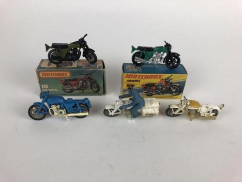 DIECAST: Two Matchbox Superfast Hondarora plus 2 Police Honda bikes plus one, all made in UK mid 1970s.