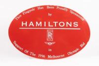 SIGN: An enamel oval shaped metal sign used by Hamilton Rolls-Royce / Bentley to promote their support for the Melbourne 1996 Olympic bid, 45cm high, 30cm wide
