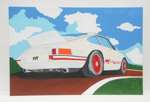 PORSCHE CARRERA: A large acrylic on canvas painting by renowned Australian artist Terry Lawrie depicting a Porsche 911 Carrera at speed