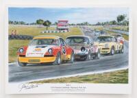 PORSCHE CHALLENGE: A print after the original titled '3-2-1 1974 Porsche Challenge, Wanneroo Park, WA' featuring various racing Porsches, print signed by Alan Hamilton to lower left corner, 30cm high, 42cm wide overall - 3