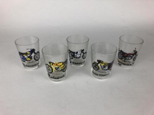 SHOT GLASSES: One set Glasses, (5 of 6) 1970's assorted Motorcycles featured
