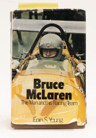 BRUCE MCLAREN: 'Bruce McLaren - The Man and His Racing Team' by Eoin Young, with attached 1971 Christmas card from Trojan Racing, Croydon UK, hardcover book, published 1971