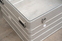 TRAVEL TRUNK: Alan Hamilton's personal racing alloy travel trunk, 1.17m wide, 77cm deep, 51cm high - 2