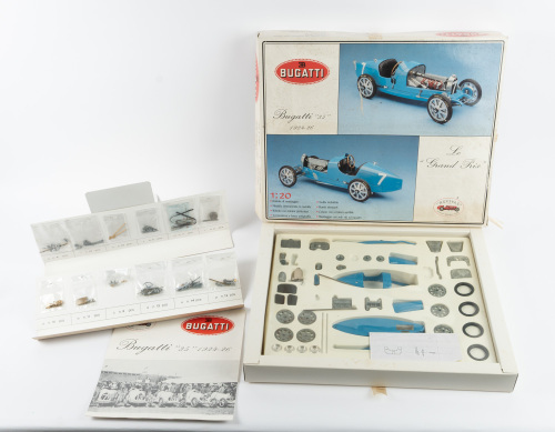 BUGATTI: A Revival 1:20 scale 1924-26 Bugatti Type 35 metal model kit, all parts appear to be sealed with instructions present