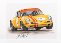 PORSCHE: A print featuring Jim McKeown in his 911S in around 1970, signed by Alan Hamilton at Porsche Australia to lower left side, 30cm high, 42cm wide