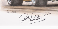 PORSCHE: A print featuring Jim McKeown in his 911S in around 1970, signed by Alan Hamilton at Porsche Australia to lower left side, 30cm high, 42cm wide - 2