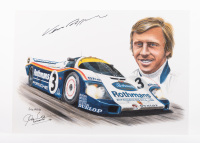PORSCHE 956: A print featuring Vern Schuppan and his Le Mans Rothmans Porsche 956 signed by both Vern Schuppan to upper left corner & Alan Hamilton from Porsche Australia to lower left corner, 30cm high, 42cm wide