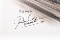 PORSCHE 956: A print featuring Vern Schuppan and his Le Mans Rothmans Porsche 956 signed by both Vern Schuppan to upper left corner & Alan Hamilton from Porsche Australia to lower left corner, 30cm high, 42cm wide - 2