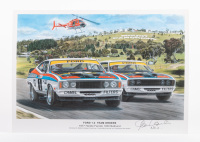 BATHURST 1977: A print featuring the Ford Falcon XC, Moffat Ford Dealers 1-2 finish at the 1977 Hardie-Ferodo 1000 at Bathurst signed by Alan Hamilton, driver of car No.2 to lower right side, 30cm high, 42cm wide