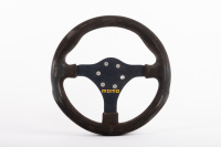 MOMO: A small Momo three spoke suede racing steering wheel, overall diameter 28cm