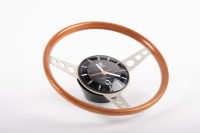 TISSOT CLOCK: A TISSOT (electronic) wood rim, three drill spoke wheel electronic clock (8cm diameter), clock to steering wheel centre, overall diameter of 19cm [Tested & Working] - 2