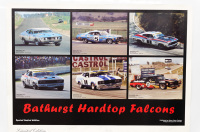 FORD FALCON: A large limited edition [53/120] signed poster featuring the Bathurst XA & XC hardtop Falcons, with signatures in pencil from Alan Hamilton, Kevin Bartlett, Colin Bond, Allan Moffat, John Goss & Ian Geoghegan, 69cm high, 96cm wide