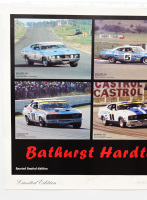 FORD FALCON: A large limited edition [53/120] signed poster featuring the Bathurst XA & XC hardtop Falcons, with signatures in pencil from Alan Hamilton, Kevin Bartlett, Colin Bond, Allan Moffat, John Goss & Ian Geoghegan, 69cm high, 96cm wide - 2