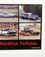 FORD FALCON: A large limited edition [53/120] signed poster featuring the Bathurst XA & XC hardtop Falcons, with signatures in pencil from Alan Hamilton, Kevin Bartlett, Colin Bond, Allan Moffat, John Goss & Ian Geoghegan, 69cm high, 96cm wide - 3